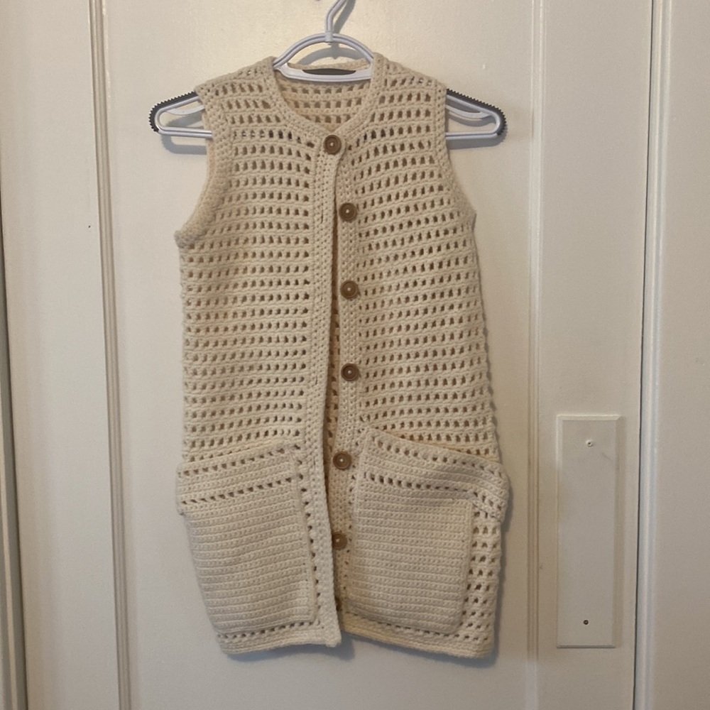Vintage Handmade Knit Crochet Vest Cream Small Cottagecore BOHO Granny chic